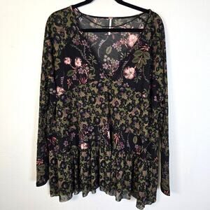 Free People Isabella Forest Fairy Top Small Black Green Floral Mesh Whimsigoth